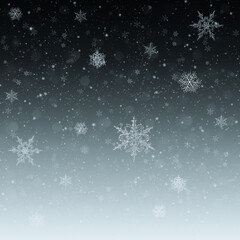 Snow background. Blue Christmas snowfall with defocused flakes. Winter concept with falling snow. Holiday texture, gunmetal grey background and white snowflakes.