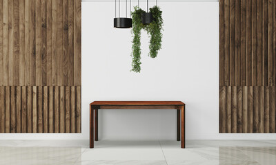 Modern workspace with desk and lamp in minimalistic interior