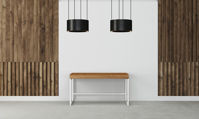 Modern workspace with desk and lamp in minimalistic interior