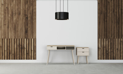 Modern workspace with desk and lamp in minimalistic interior