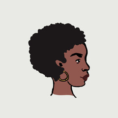 Retro style hand drawn portrait of african american woman with earrings.