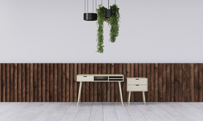 Modern workspace with desk and lamp in minimalistic interior