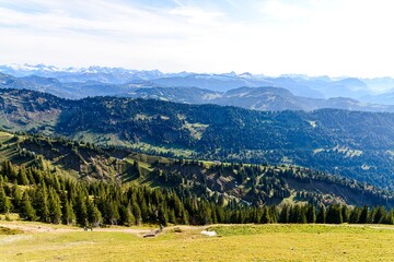 View from Hochgrat mountain nearby Oberstaufen (Bavaria, Bayern, Germany) on alps mountains in Tyrol, Vorarlberg. Hochvogel, big, Grosser Klottenkopf, Austria. Good hiking way