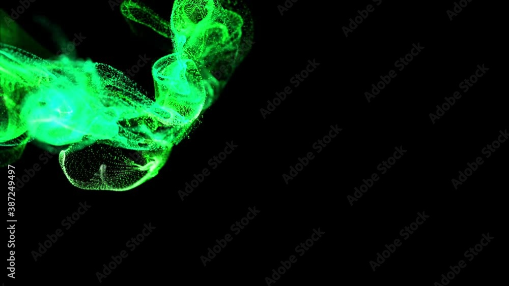 Poster abstract animation background of luminous green particles, beautiful effect of glow particles in liq