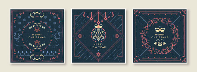 Set of Christmas greeting cards and banners. Vintage ornament frames. Vector illustration. 