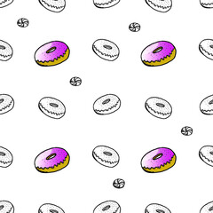 Seamless pattern on a white background. Doodle style donuts and lollipops. Vector. Black and white palette. Donut is black and white and colored with icing and sprinkling. Ideal for menu pages, fabric