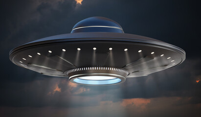 Fototapeta na wymiar UFO alien spaceship at night. 3D rendered illustration.
