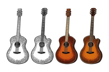Acoustic guitar. Vintage vector color engraving illustration