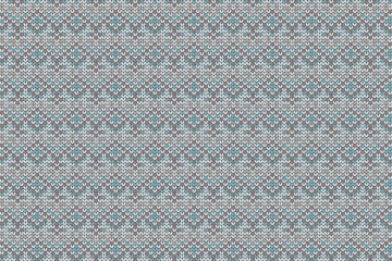 Christmas and Winter holiday knitting pattern for plaid, sweater design. Vector seamless pattern in turquoise, white, brown colors.