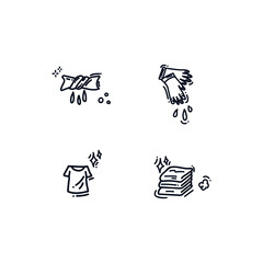 Collection of icons for the Laundry service. The set includes Icons: Laundry and clean clothes, folded linen is suitable for Laundry service. Hand-drawn icons in a line. Doodle for Laundry black and