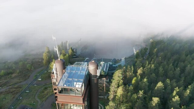 Ski jump ramp, aerial view of the jumping tower Lugnet located in Falun, Sweden