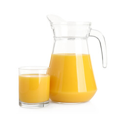 Tasty orange juice in glass and jug isolated on white