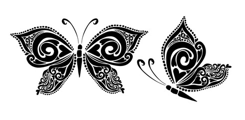 Butterfly decorative tattoo. Black Butterfly from patterns. Vector illustration