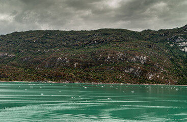 Sarmiento Channel, Chile - December 11, 2008: Just down Amalia glacier, floating ice pieces on...