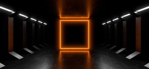 A dark corridor lit by colorful neon lights. Reflections on the floor and walls. 3d rendering image.