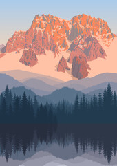vector morning in beautiful mountains lake - obrazy, fototapety, plakaty