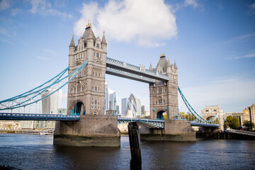 Landscape View of Tower Bridge with a Cityscape and Blue Sky as Background