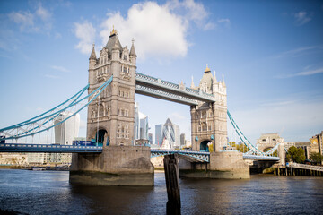 Fototapeta na wymiar Landscape View of Tower Bridge with a Cityscape and Blue Sky as Background