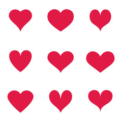 Red heart vector icons set. Flat love icon isolated on white. Heart vector for love logo, heart symbol, shape icon and Valentine's day. Cute heart vector icon for shape design, heart and love icon