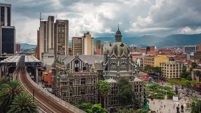 Zoom in time lapse view of Plaza Botero square in the Old Quarter of Medellin, Antioquia Department, Colombia.	