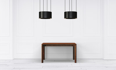 Modern workspace with desk and lamp in minimalistic interior