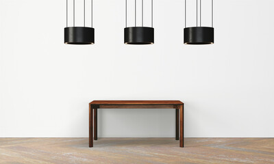 Modern workspace with desk and lamp in minimalistic interior
