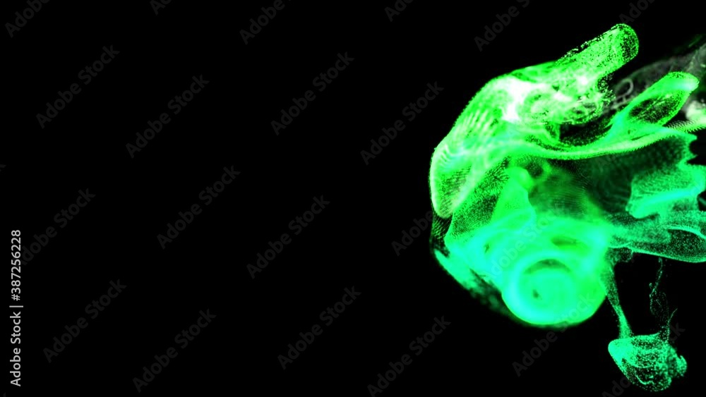 Poster abstract animation background of luminous green particles, beautiful effect of glow particles in liq
