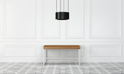 Modern workspace with desk and lamp in minimalistic interior