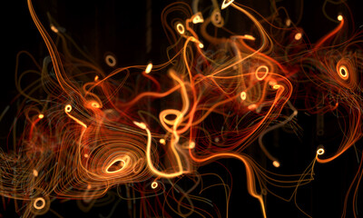 3d render of abstract art of surreal background with curve wavy spiral and twisted magic fantasy concentric tungsten filament lines in yellow and orange glowing light in the dark