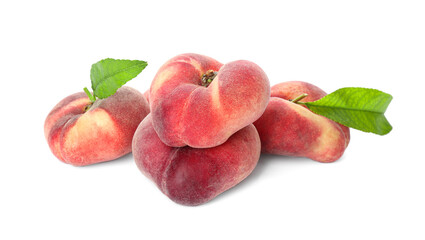 Fresh ripe donut peaches with leaves on white background