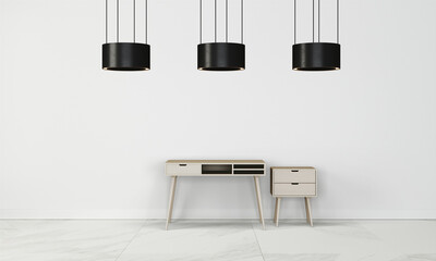 Modern workspace with desk and lamp in minimalistic interior