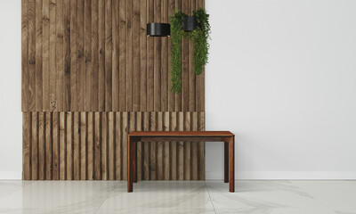Modern workspace with desk and lamp in minimalistic interior
