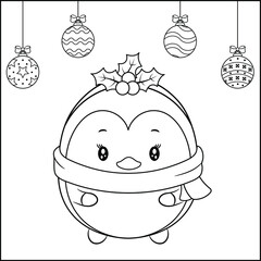 Merry Christmas cute penguin drawing sketch for winter season with ornaments
