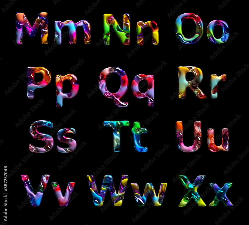 Fototapete 3d render abstract art of surreal liquid alphabet letters small lowercase and big uppercase set base