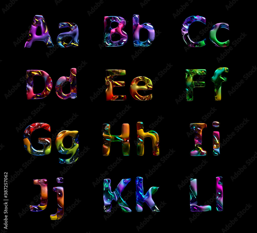 Poster 3d render abstract art of surreal liquid alphabet letters small lowercase and big uppercase set base