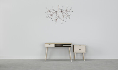 Modern workspace with desk and lamp in minimalistic interior