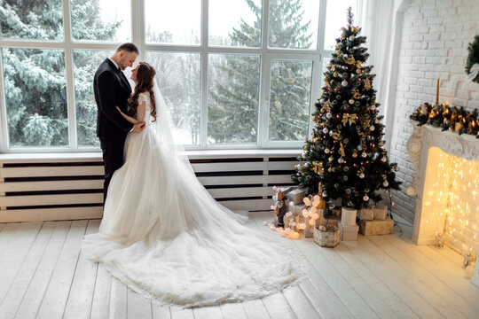 Young couple in love bride and groom posing in studio on background decorated with Christmas tree in their wedding day at Christmas near the large panoramic window.