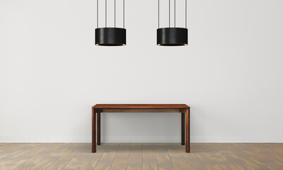 Modern workspace with desk and lamp in minimalistic interior
