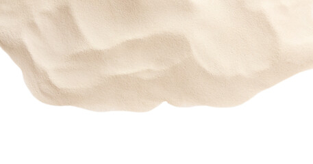 Fototapeta na wymiar Dry beach sand on white background, top view