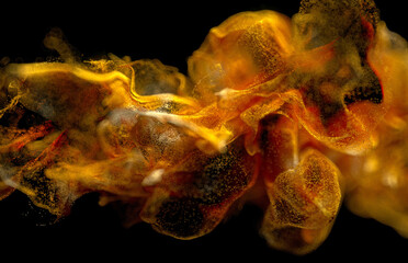 Naklejka na ściany i meble 3d render of abstract art with surreal growing explosion smoke cloud splash fluid based on small gold yellow and orange foam balls particles in movement, explosion process with depth of field effect