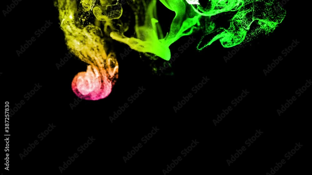 Poster beautiful effect of glow multicolored particles in liquid stream, like effect ink dissolve in water.