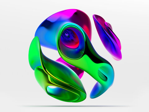 3d render of abstract art with surreal 3d spherical sculpture in organic curve round wavy bio forms in glossy shiny metal material in green and purple gradient color on light grey background