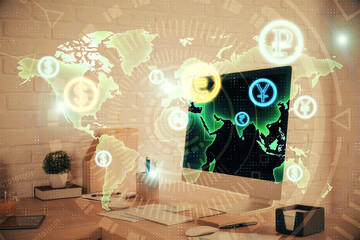 Double exposure of stock market graph drawing and office interior background. Concept of financial analysis.