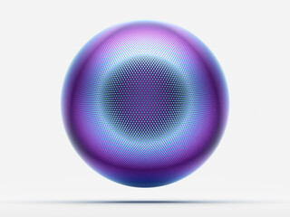 3d render of abstract art with surreal 3d ball or sphere with small circles fractal pattern on surface in neon glowing purple and blue gradient color in matte aluminum material on isolated white back