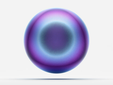 3d render of abstract art with surreal 3d ball or sphere with small circles fractal pattern on surface in neon glowing purple and blue gradient color in matte aluminum material on isolated white back