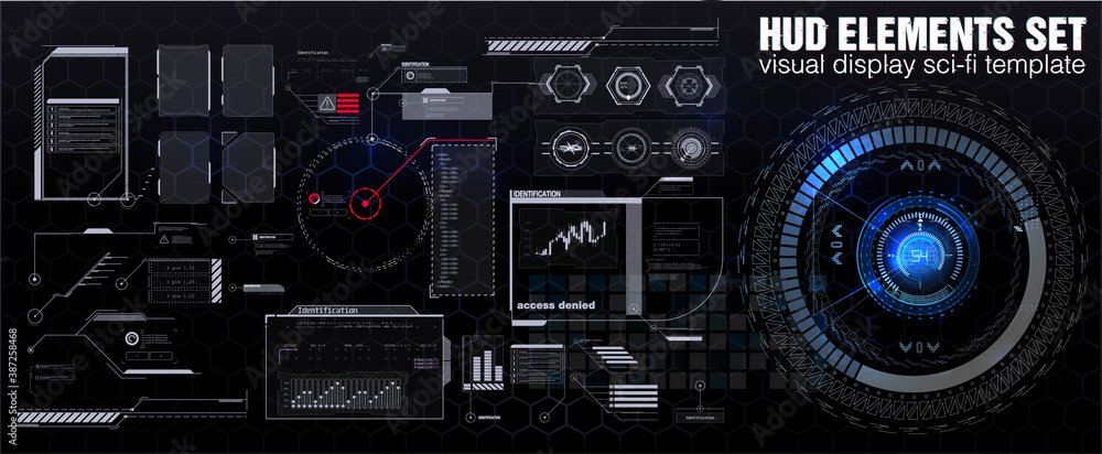 Poster futuristic hud, fui, virtual interface. callouts titles and frame in sci- fi style. bar labels, info