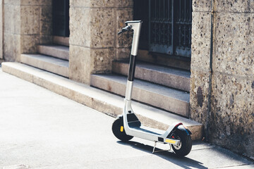 E-scooter for rent for mobility in the city. Electric scooter for public sharing in european city...