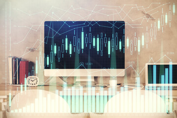 Multi exposure of stock market chart drawing and office interior background. Concept of financial analysis.