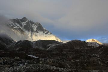 Lhotse South Face and Island Peak (Imja Tse) visible in the evening with sunset on the mountain's wall, Chukhung village, Sagarmatha Khumbu Region, Nepal Himalaya