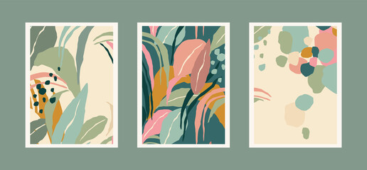 Obraz premium Collection of art prints with abstract leaves. Modern design for posters, covers, cards, interior decor and other users.